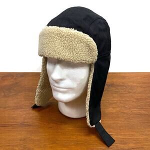 Lands' End Black Nylon Trapper Hat Ear Flaps Fudd Cap Fleece Lining Unisex S / M
